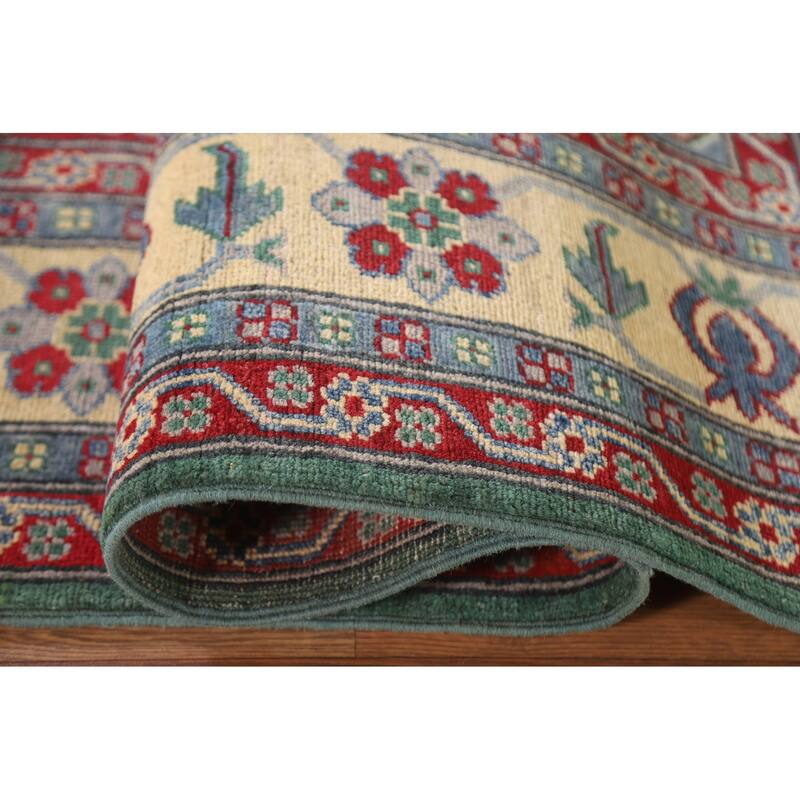 Hand Knotted Oriental 100% Wool Carpet Traditional Geometric Green Kazak Area Rug - 9' 9'' X 6' 7''