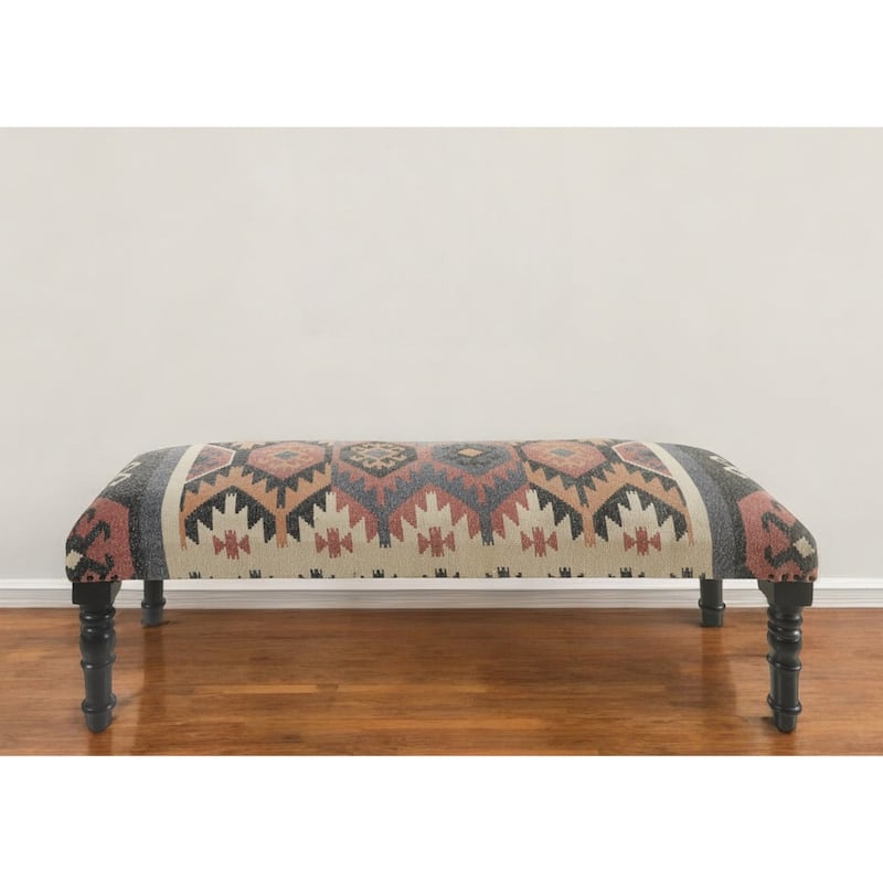 Black Wood Jute Wool Upholstered Southwest Distressed Bench Nailhead Trim - 16" D x 47" W x 18" H