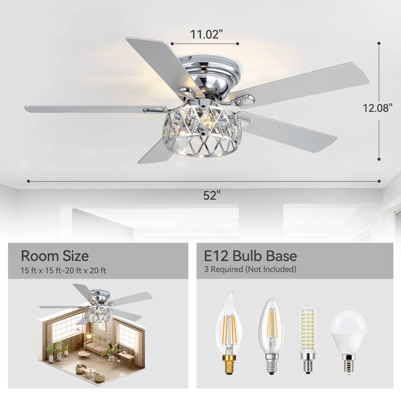 52 inch 5-Blade Flush Mount Crystal Ceiling Fan with Light Remote