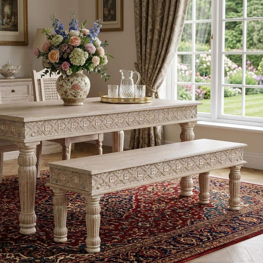 HomeRoots 58" White Floral Distressed Solid Wood Dining Bench - 58.00 in. x 18.00 in. x 16.00 in.