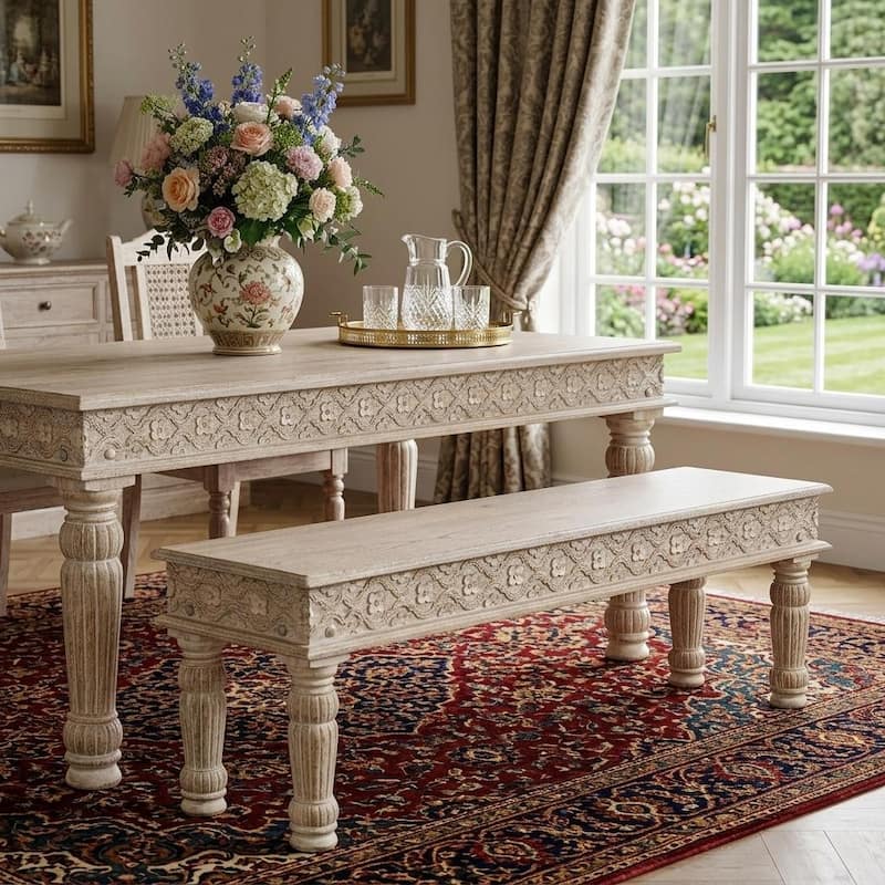 HomeRoots 58" White Floral Distressed Solid Wood Dining Bench - 58.00 in. x 18.00 in. x 16.00 in. - 58.00 in. x 18.00 in. x 16.00 in. - White
