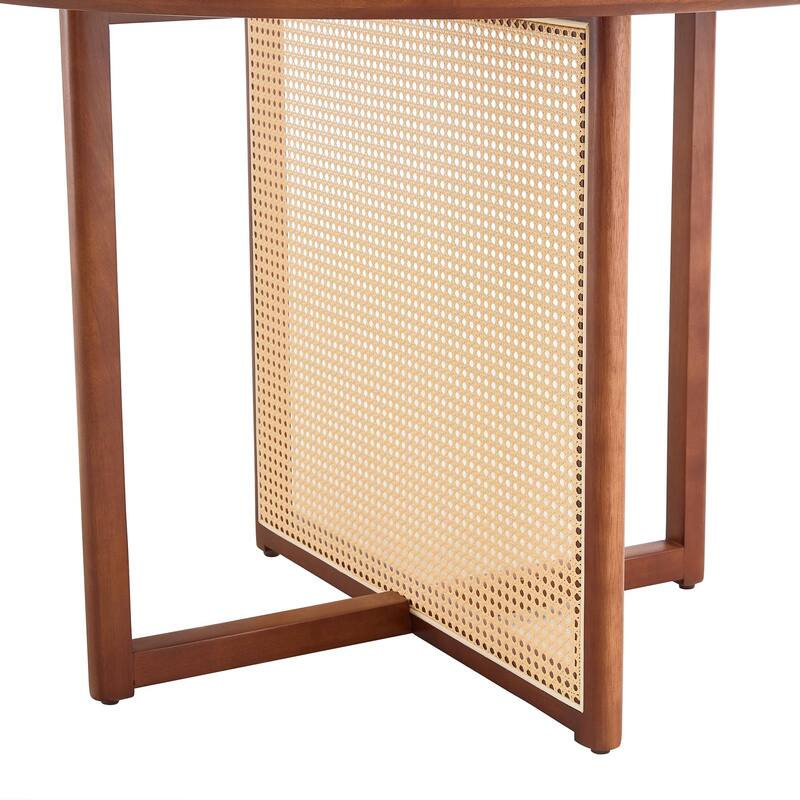 5-Piece Wooden Dining Table Set, Farmhouse Round Dining Table Set with 4 Fabric Dining Chairs for Kitchens, Small Spaces