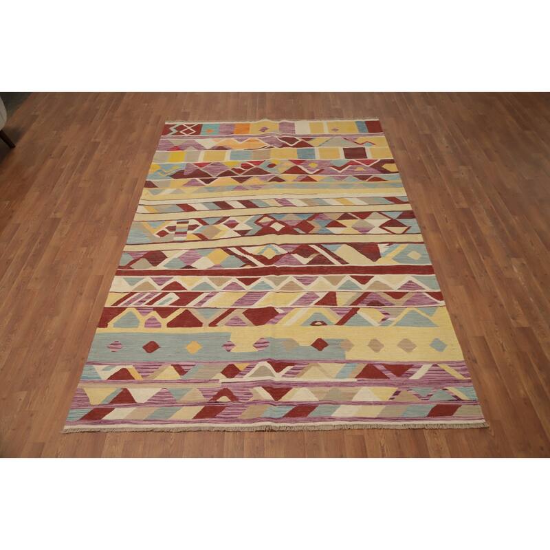 Hand Woven Oriental 100% Wool Carpet Southwestern Tribal Multi-Colored Kilim Area Rug - 9' 1'' X 5' 11''