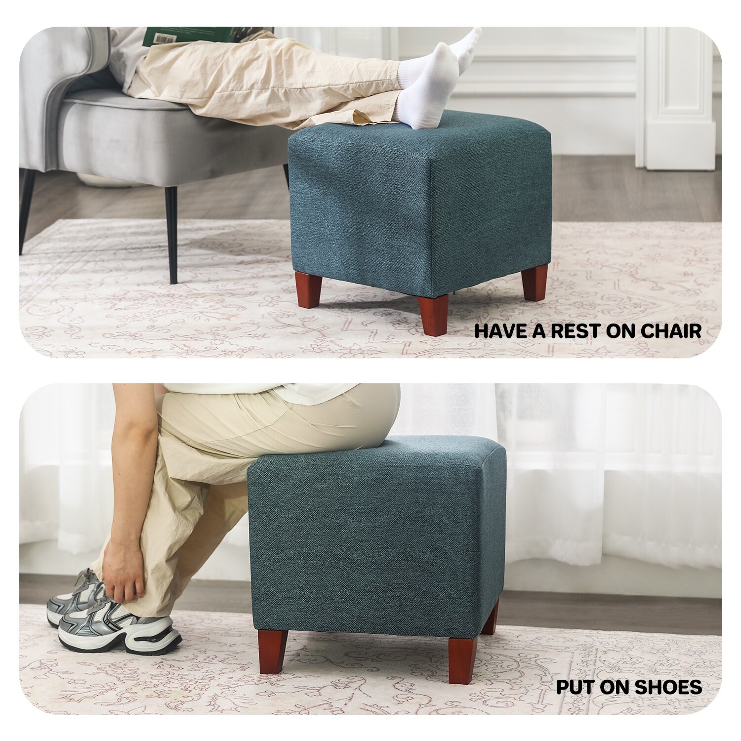 Adeco Square Ottoman Footrest Stool Small Fabric Bench Seat - On