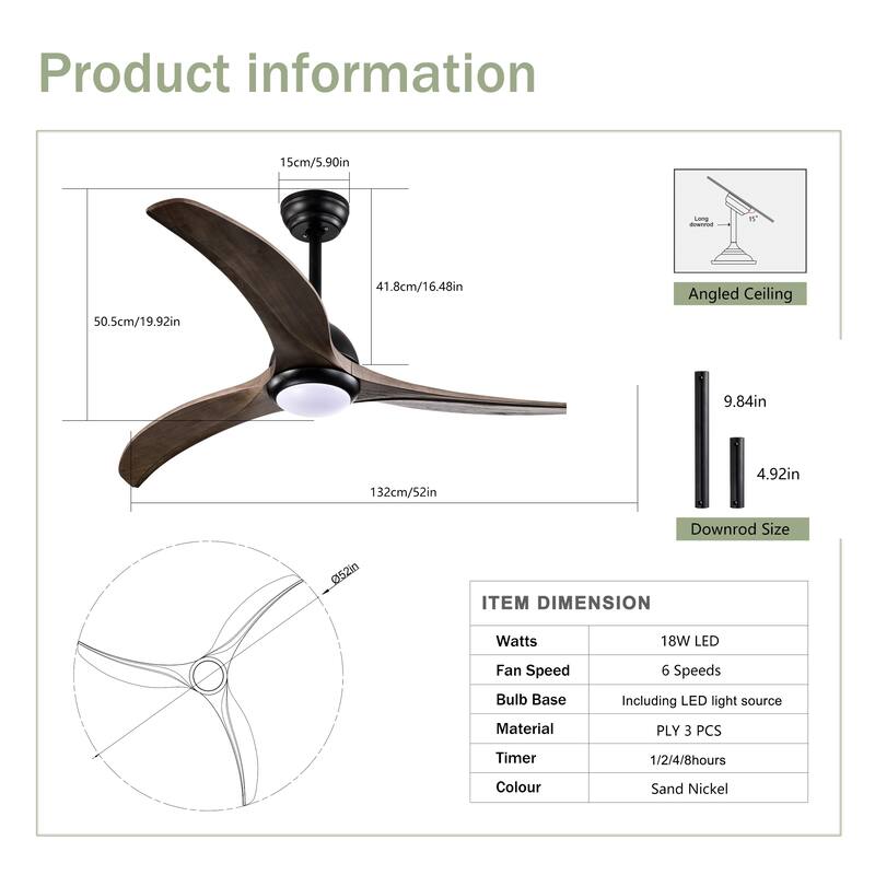 52" Ceiling Fan,Indoor Outdoor Ceiling Fan With Light with Remote Control, Noiseless Reversible Motor,6 Speed,3 Color