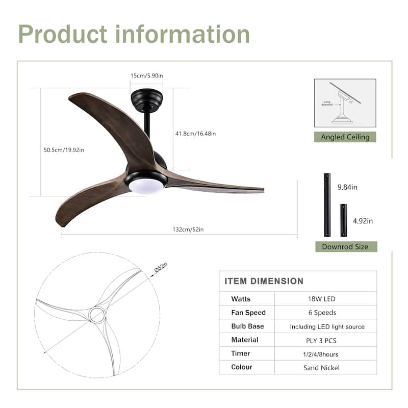 52"Ceiling Fan, Solid Wood Blades Ceiling Fan With Light with Remote Control,Noiseless Reversible Motor,6 Speed,3 Color