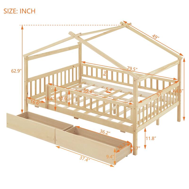 Full Size Wooden House Bed with Two Drawers, Natural Finish