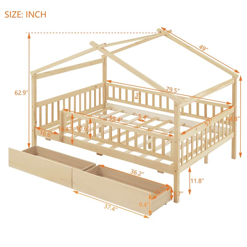 Kids Funny Canopy Bed Wooden Frame House Bed Full Size Platform Bed Daybed with Roof, Safety Guardrail and Drawers