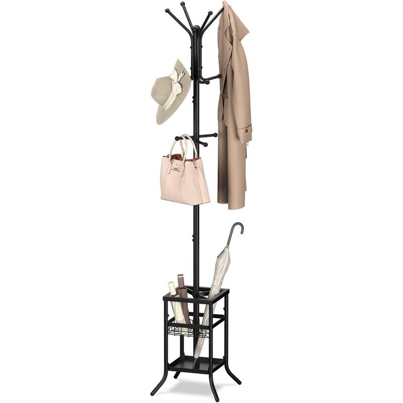 Metal 12-Hook Coat Rack Hall Tree with Umbrella Holder and Tray - 13.7" D × 13.7" W × 73.6" H - Black