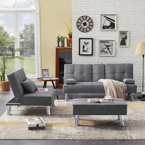 Fabric Folding Sofa Bed with 2 Cup Holders Sofa Bed with Ottoman