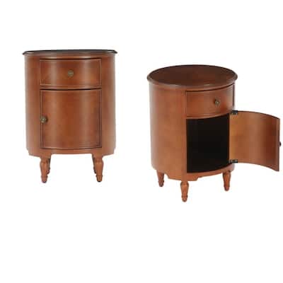 Round Solid Wood Side Table, Vintage End Table Cabinet with Drawer