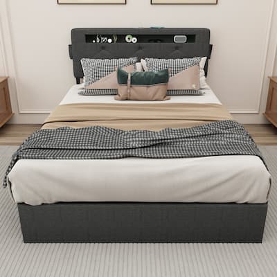 Dark Gray Queen Size Platform Bed with Storage, USB Station, and LED