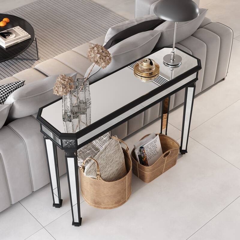 Roomfitters 48" Mirrored Console Table, Carved Wood Entryway Sofa Table with Silver Glass & Black Finish