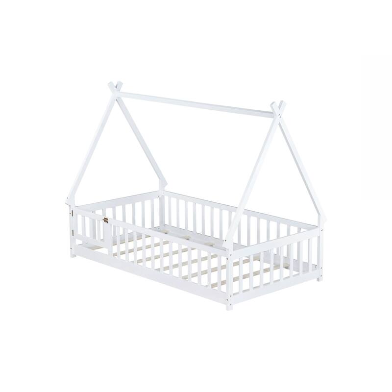 Twin Tent-shaped Floor Bed,Teepee Bed with Guardrails,Slats and Door