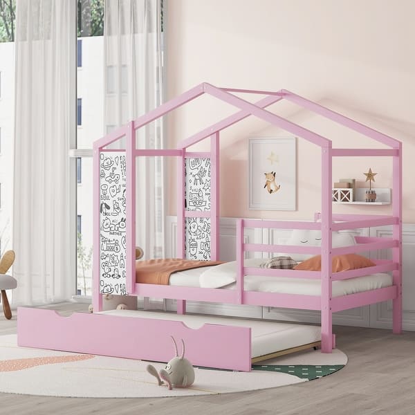 slide 2 of 14, Pink Twin Size Solid Wood House Bed with Trundle, Fence, and Writing Board for Kids Twin - Pink