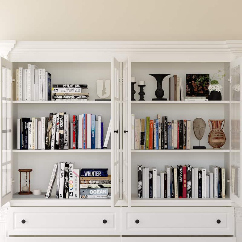 White Glass Door China Cabinet with Drawers, Large Buffet Hutch Sideboard Storage Cabinet for Dining Room - 74.8"x74.8"