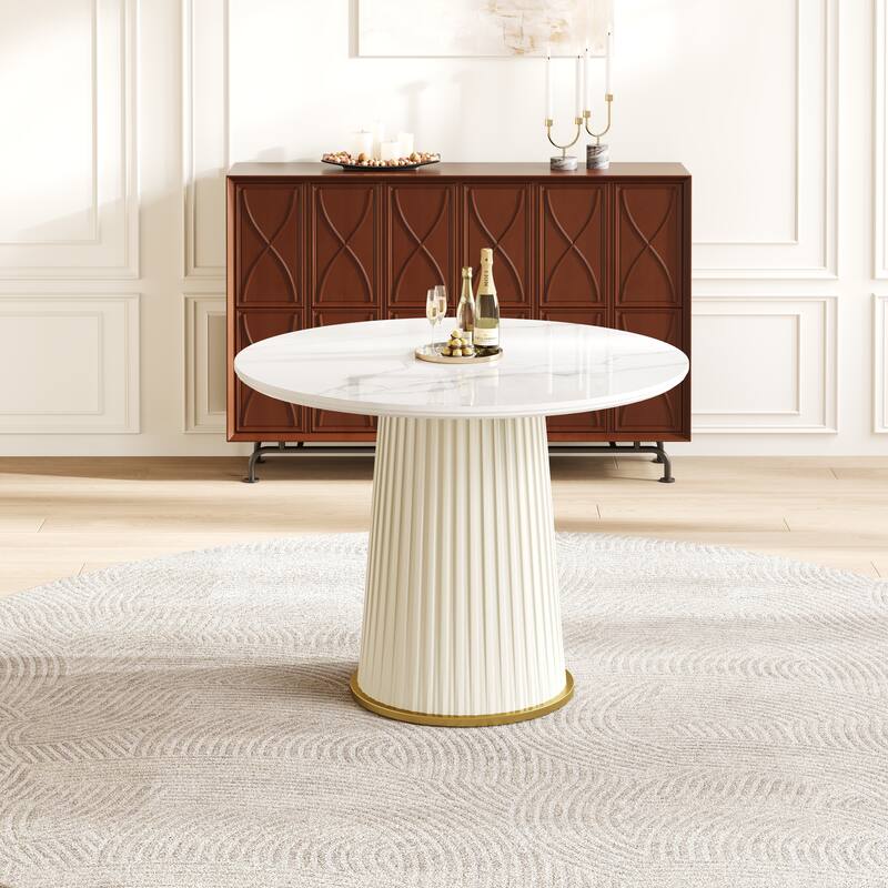 Modern 35.43 Inch Round Dining Table, Glossy Sintered Stone Top with Pleated PU Leather Iron Pedestal, Adjustable Feet - White