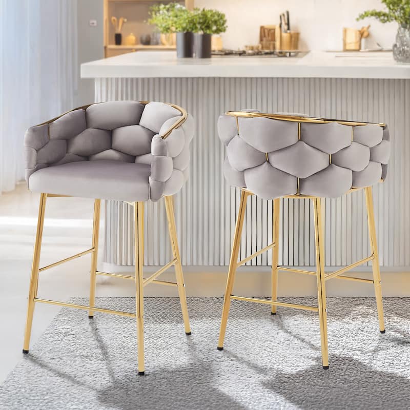 Modern 28" Counter Stools Set of 2, Dark Blue Velvet Upholstery with Iron Frame, Comfortable Back and Cushion