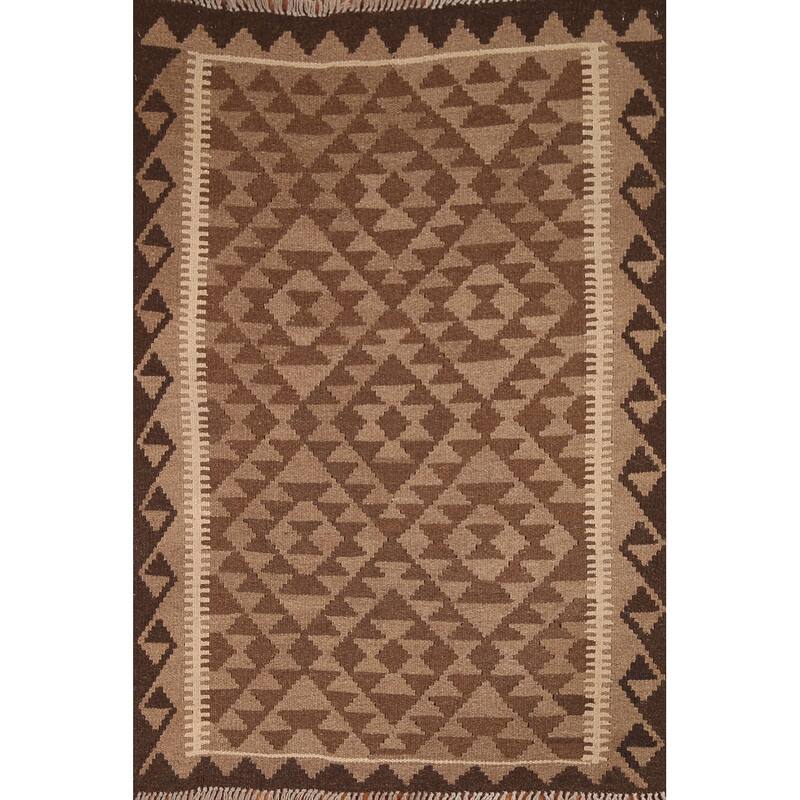 Brown Geometric Kilim Oriental Rug Flat-weave Wool Carpet - 3'4" x 4'10"