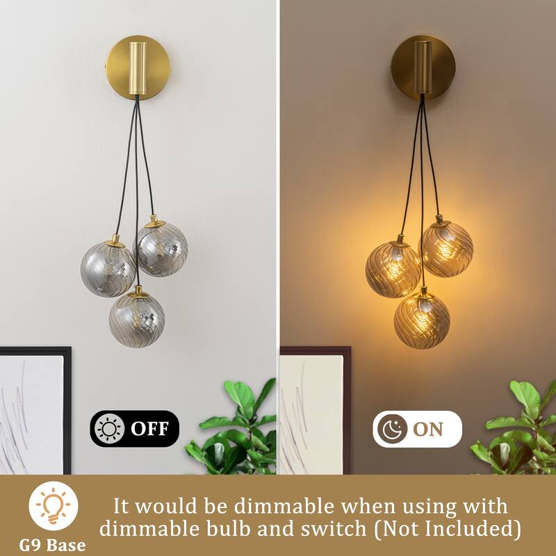 3-Light Modern Gold Metal Wall Sconce Glass Globe Shades