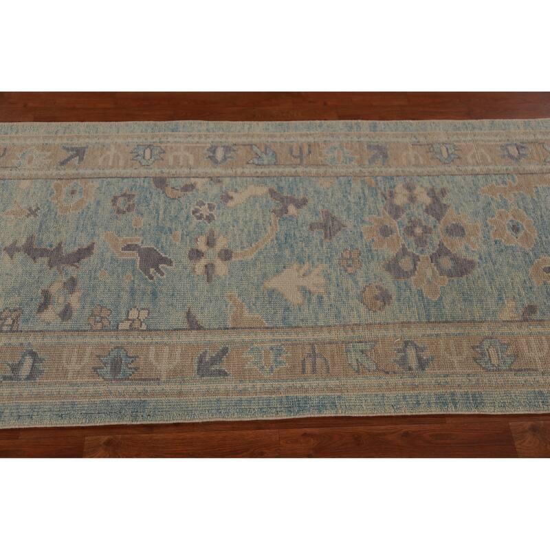 Hand Knotted Oriental 100% Wool Carpet Transitional Floral Navy Blue & Blues Oushak Runner Rug - 17' 2'' X 3' 4''