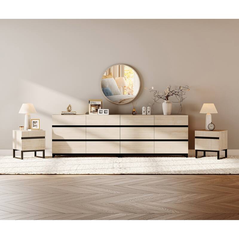 3-Piece Bedroom Furniture Set,Dresser &Chest With 12 Drawers, 2 Nightstand for Bedroom, Bedroom Furniture Set