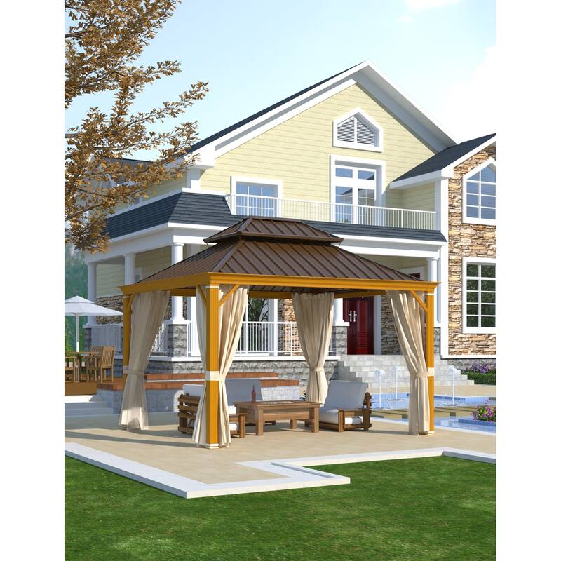 EROMMY Hardtop Gazebo with Galvanized Steel Roof and Curtains, Outdoor Aluminum Pavilion for Patio, Backyard, Lawn - 10'x12' - Wood Grain