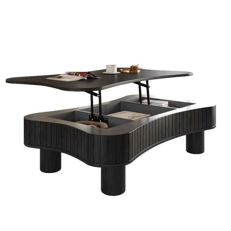 Lift Top Coffee Table with Fluted Panel Hidden Storage, Silent Hydraulic Lift and Curved Safety Corners