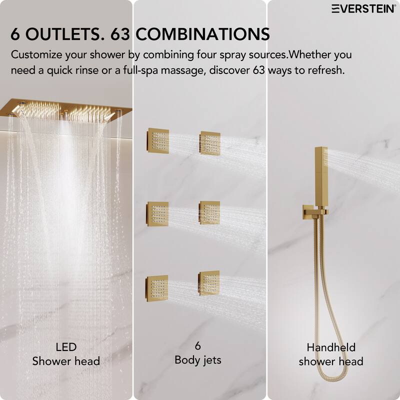 Thermostatic Muti-Fuctions Shower System Faucet Set 64 Color LED Mood Lighting Rainfall Shower Head with 6 Body Jets - 27"x16"