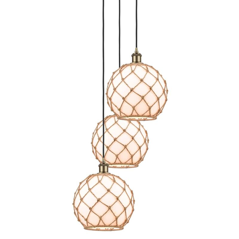 Innovations Lighting 113B-3P-37-17 Farmhouse Rope Pendant Farmhouse - Antique Brass / White Glass with Brown Rope