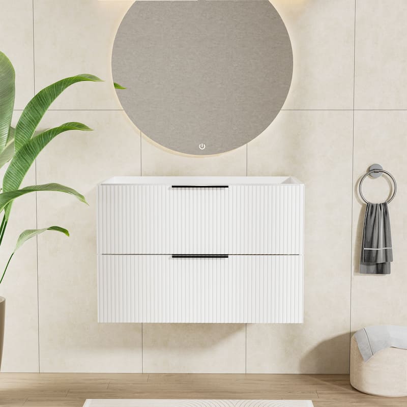 GDFStudio - Zen Modern Mid-Century Wall-Mounted Bathroom Vanity with 2 Soft Close Drawers & Large Storage Spaces, WITHOUT Sink - 30" - White