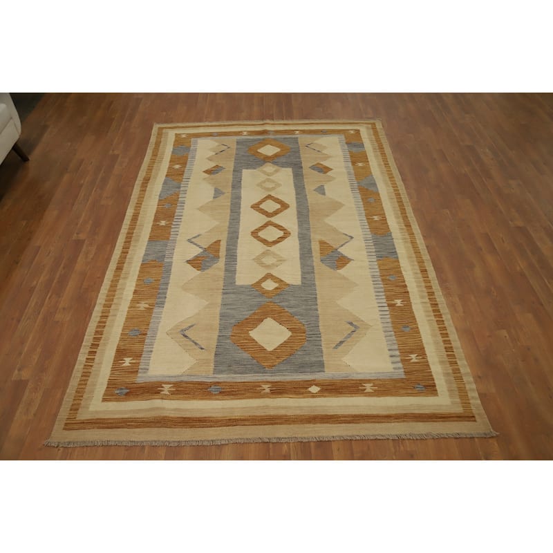 Hand Woven Oriental 100% Wool Carpet Southwestern Tribal Beige & Ivories Kilim Area Rug - 9' 1'' X 5' 11''