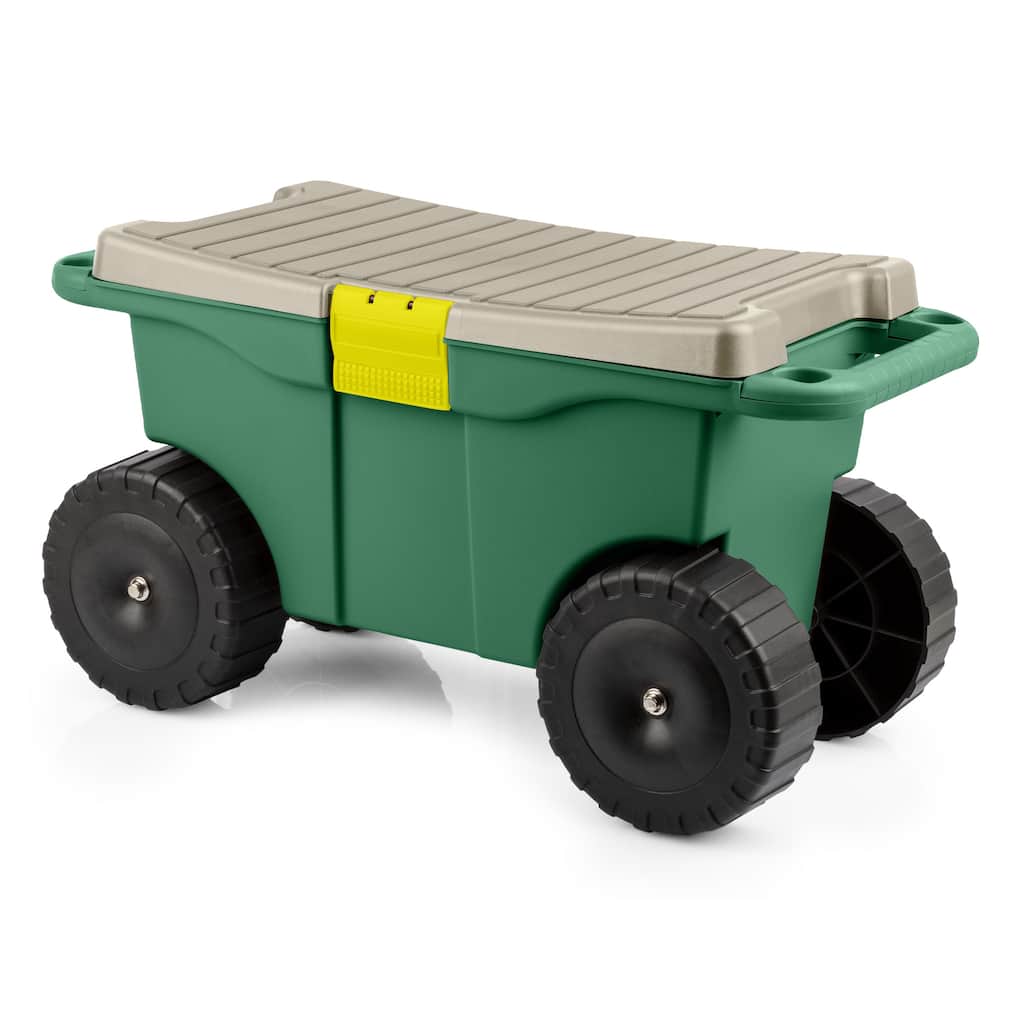 Rolling Garden Cart with Seat - Plastic Storage with Bench and Interior Tool Tray by Pure Garden (Green)