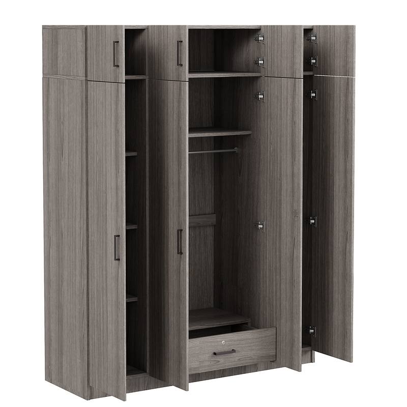 4-Door Wardrobe Armoire with Drawer and Overhead Cabinet Clothes Storage Cabinet for Bedroom