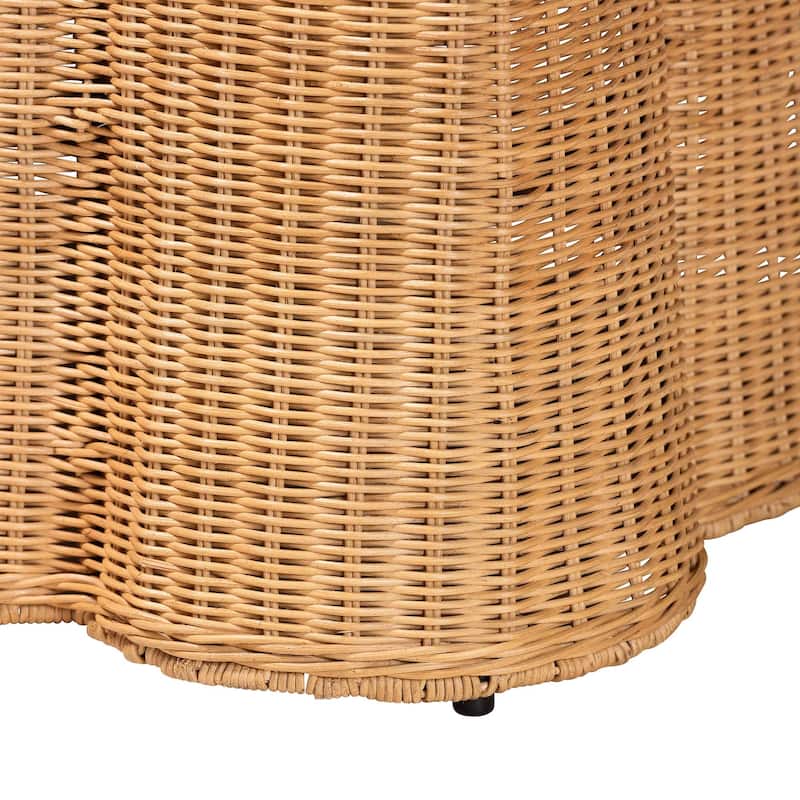 Palm Scalloped Rattan Coffee Table - Handwoven Wicker Rectangle Accent Table for Living Room, Patio or Sunroom