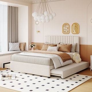 Full Size Upholstered Platform Bed with 2 Drawers and 1 Twin Size Trundle, Classic Headboard Design