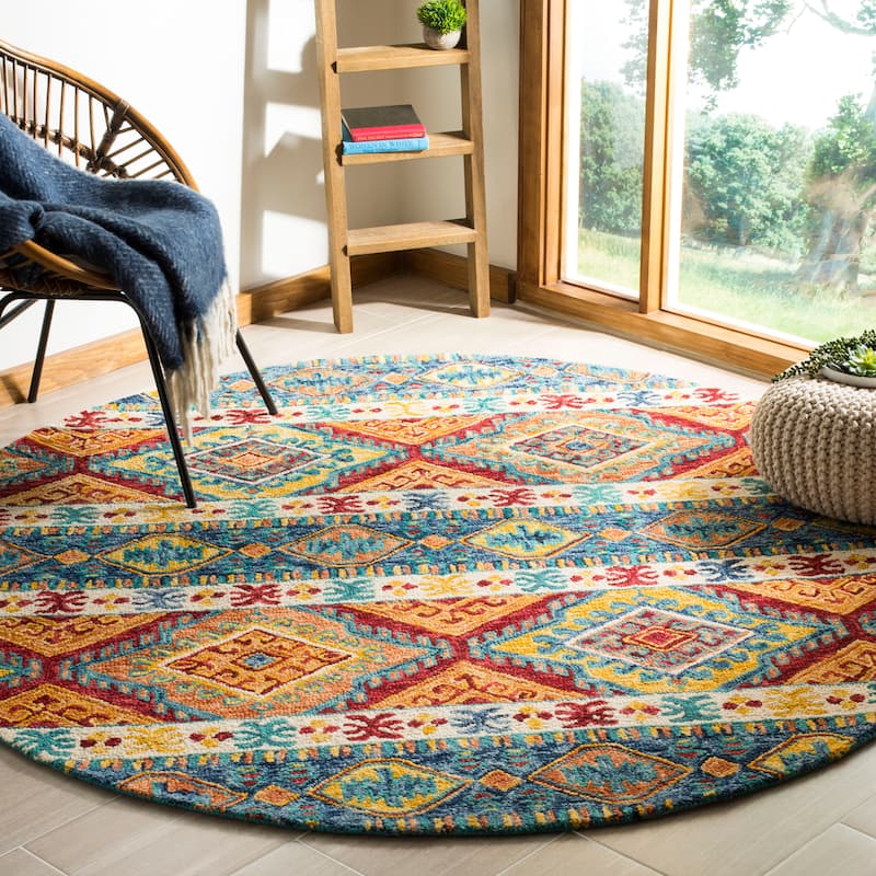 SAFAVIEH Handmade Aspen Geesche Boho Tribal Wool Rug - 3' Round - Navy/Ivory