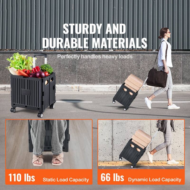 Black Plastic Foldable and Portable Utility Cart with Heavy Duty Telescoping Handle and 4 Rotate Wheels