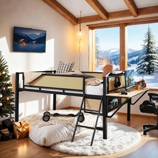Stylish & Simple Single Full metal loft bed with rectangular desk, LED lights, storage shelves, safety guard and ladder, Natural