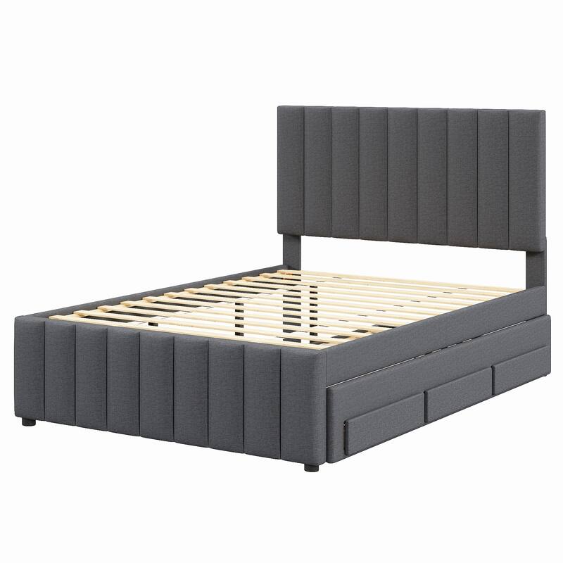 Upholstered Platform Bed Captain Bed with Trundle and 3 Drawers, Vertical Striped Linen Headboard and Footboard Slats Support