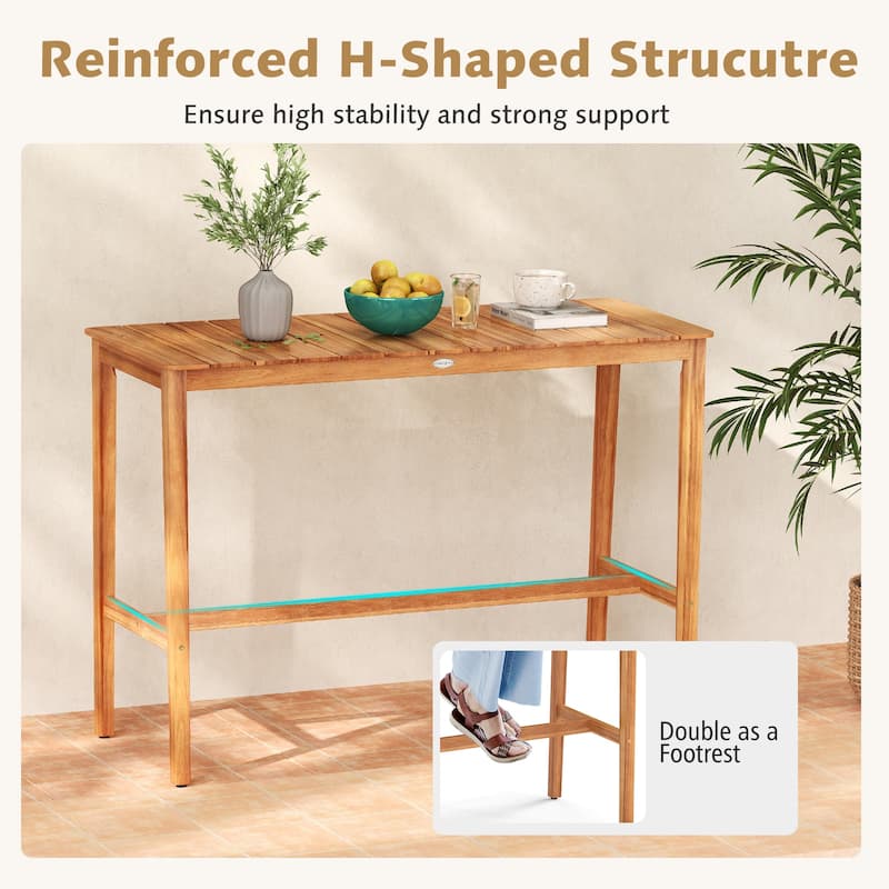 Outdoor Bar Table Counter Height with Footrest and Slatted Top - 54" x 22" x 38"