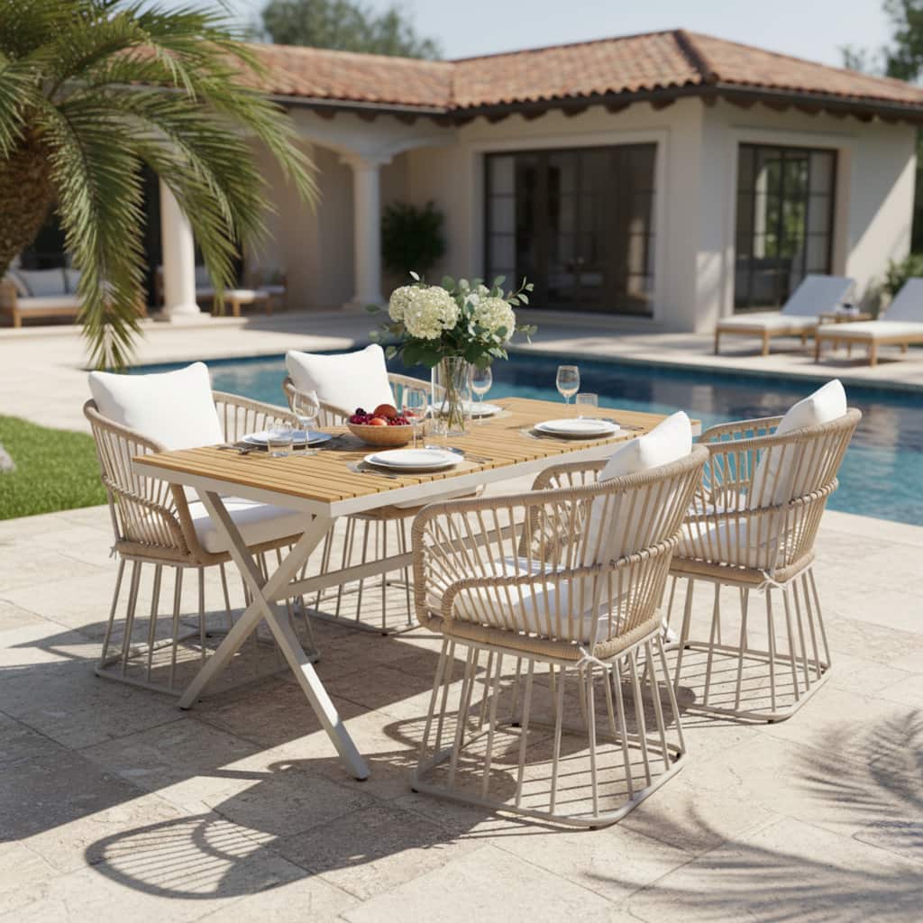 Christopher Knight Home - Outdoor Acacia Wood and Steel Dining Set with Wicker Weave Chairs & 55.12" Rectangular Dining Table