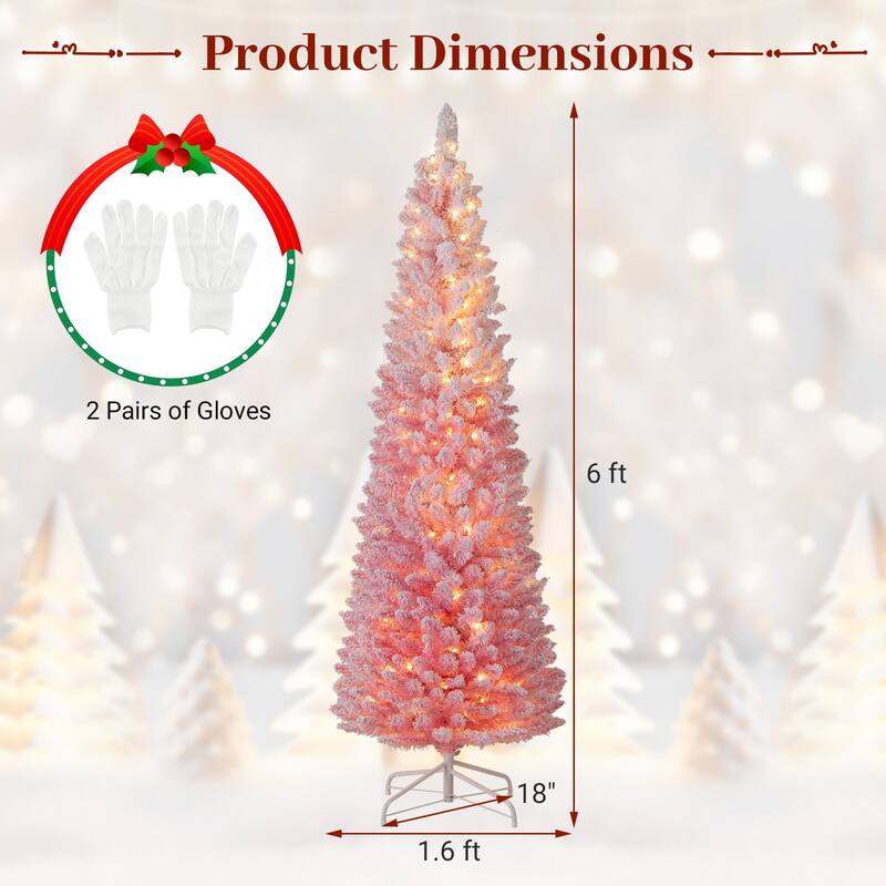 Pink Slim Christmas Tree with LED Lights and Snow-Flocked PVC Branches Included Metal Stand and Gloves