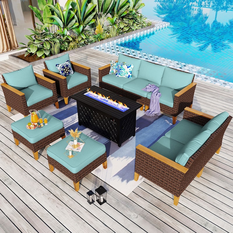 8-Piece Patio Outdoor Wicker Sectional Sofa Set, Large Seating Furniture Conversation Sets with Fire Pit Table