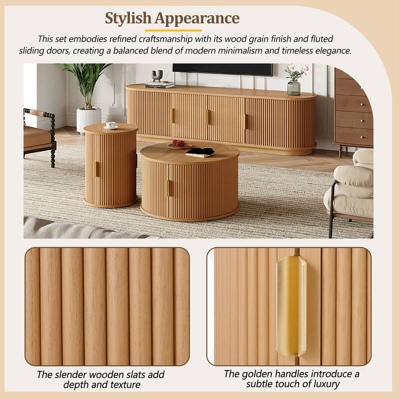 Fluted Sliding Door TV Stand & Coffee Table Set, Wooden Media Cabinet TV Console for TVs up to 75", 3-Piece Living Room Set