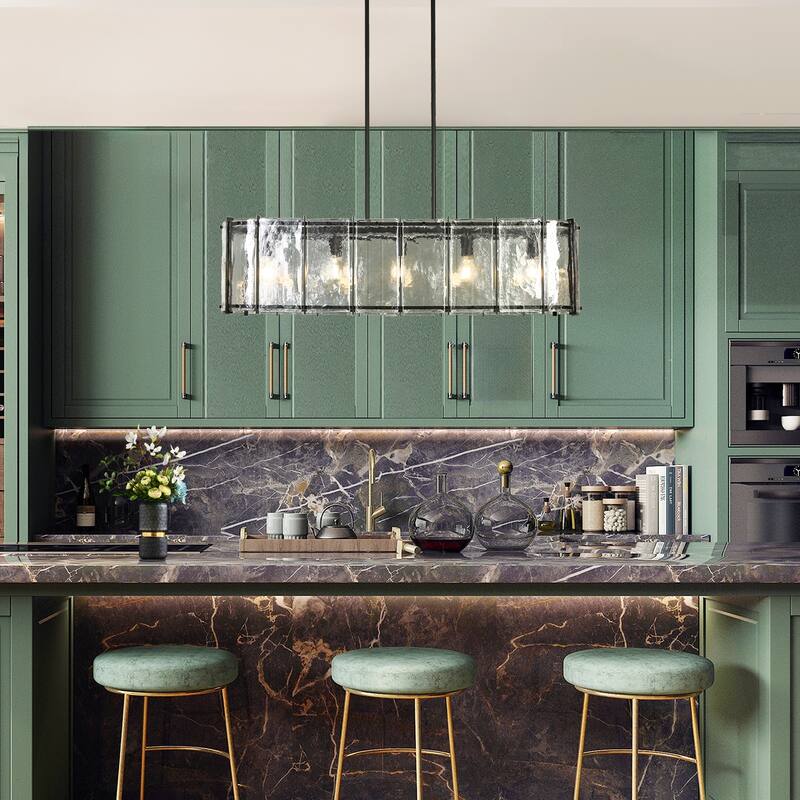 Modern Black 5-Light Rectangle Chandelier with Textured Glass For Kitchen Island Dining Room - W42.1"xD10.6"xH11"