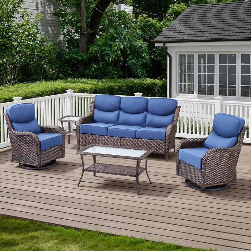 Meyreso 7-Piece Wicker Patio Conversation Set with Swivel Gliders and 6-Inch Thick Cushions