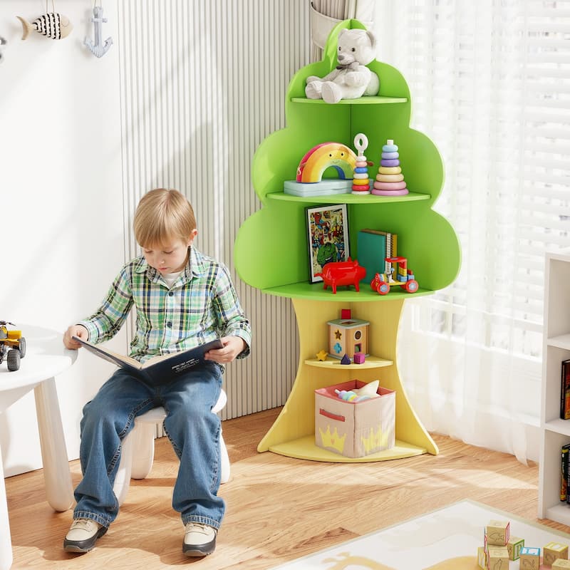 5-Tier Kids Tree Bookshelf for Bedrooms Playrooms Classroom Storage with Anti-Tip Design - 19" x 19" x 52"