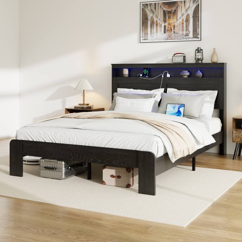 King Size Wood Platform Bed Frame with Storage Headboard, USB Ports, and LED Lights, Easy Assembly, Dark Black