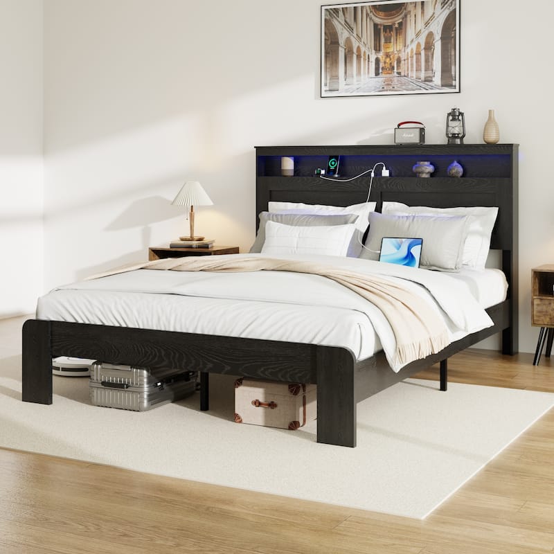Roomfitters King Bed Frame with Wood Platform, Storage Headboard, Charging Station, Light Bar Headboard, Black